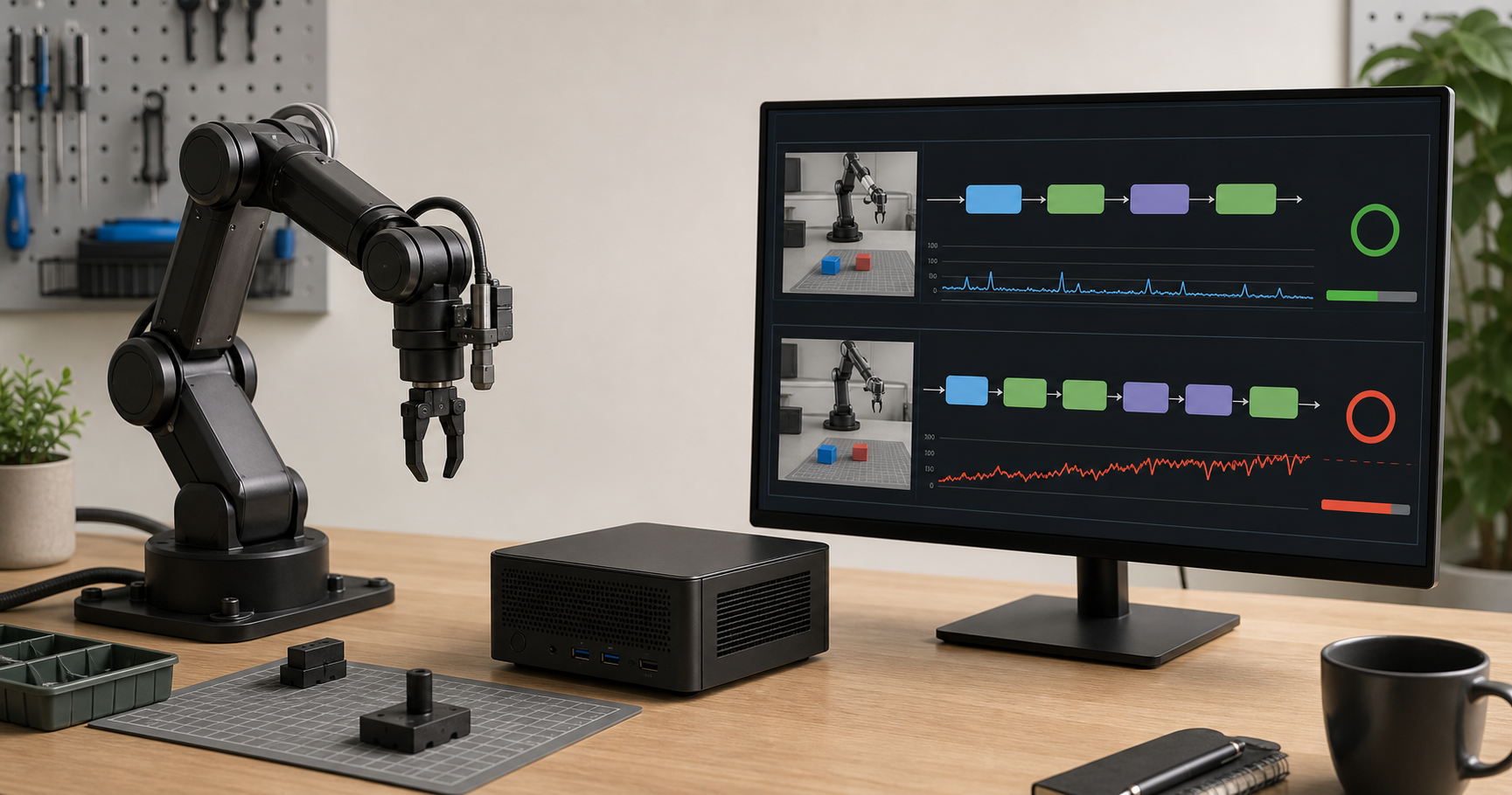 A robot arm and compact desktop computer running two model inference pipelines